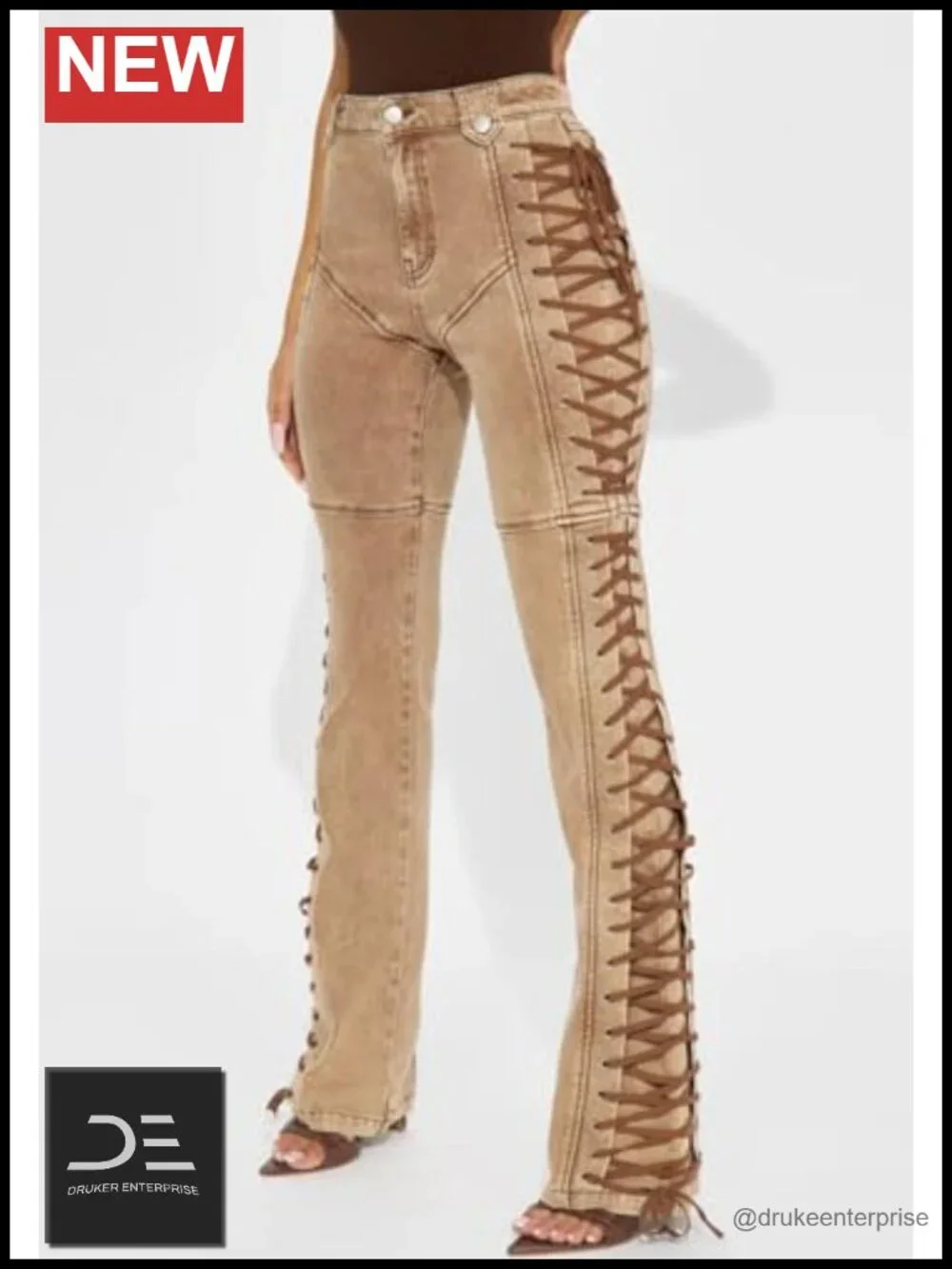 High Waisted Straight Leg Lace Up Jeans with Bow Tie Details